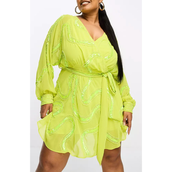 ASOS DESIGN Rouleaux Loop Tie Waist Mini Dress Sequin & Bead Embellishment Sz 16 - Picture 2 of 16